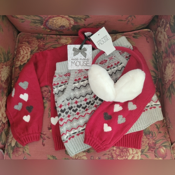 Red and Gray 4T Hearts Sweater, Skirt and Ear Muffs Set NWT - Picture 1 of 4
